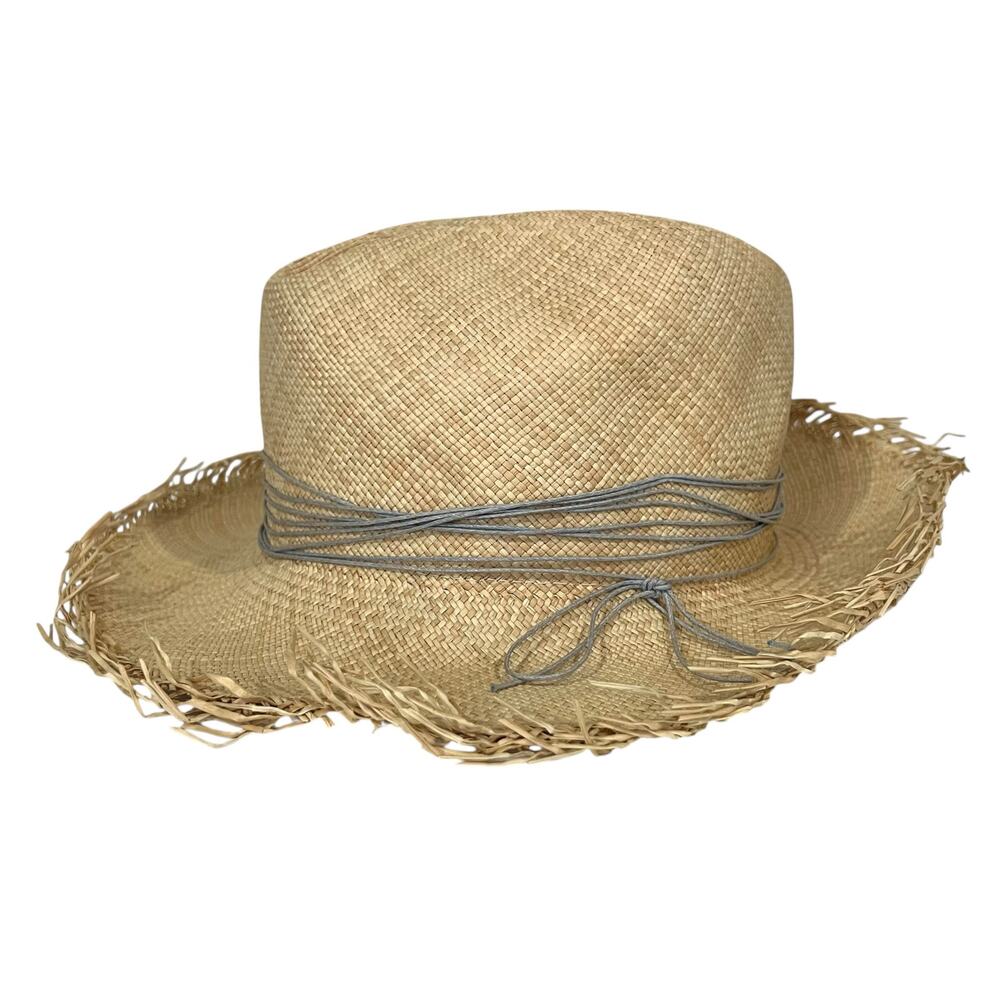 Artesano Women’s Straw Hat Fedora Beige Natural Gray String Band Frayed Edge M